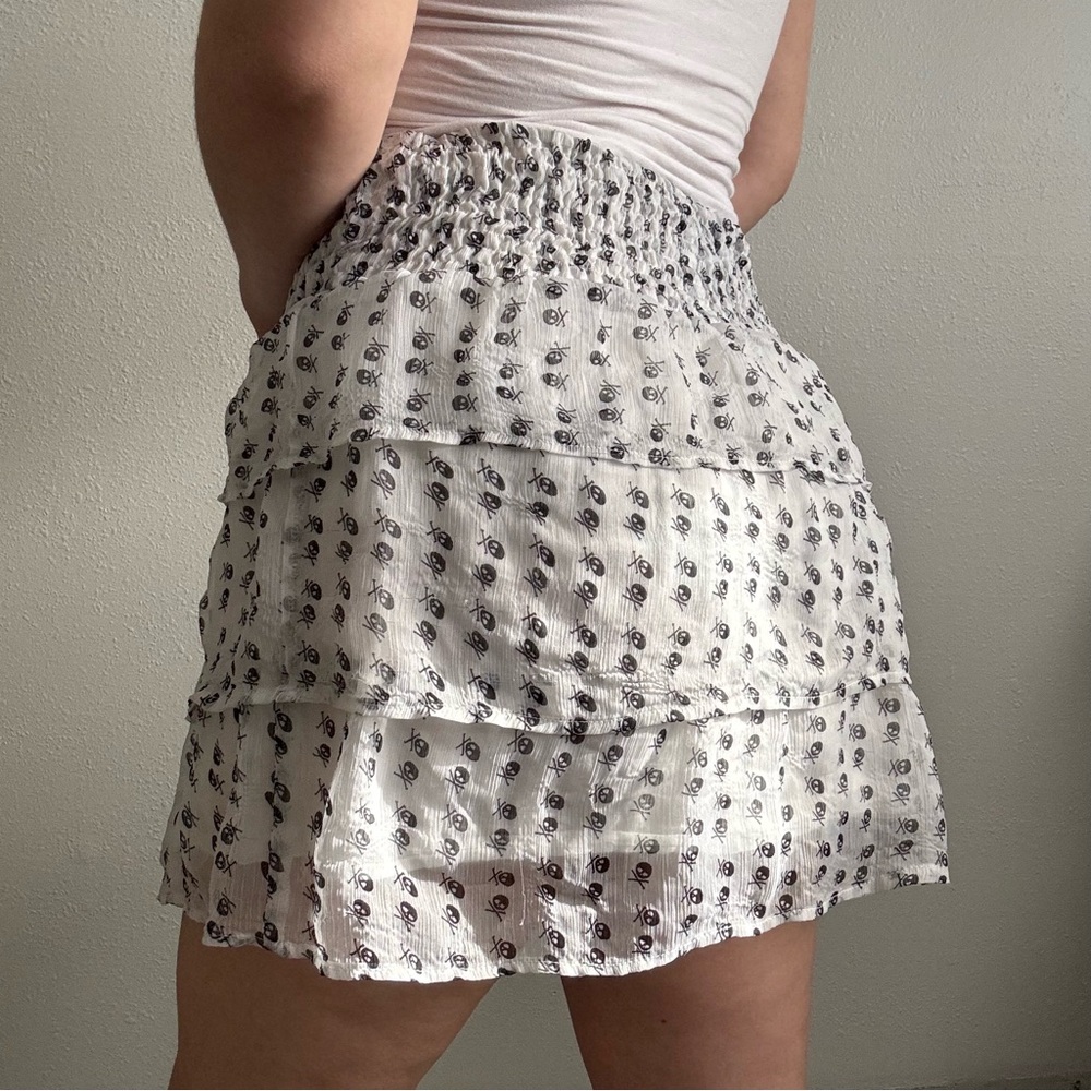 VANITY Vintage Y2K White Black Tulle Ruffle Tiered Grunge Emo Skull Mini Skirt